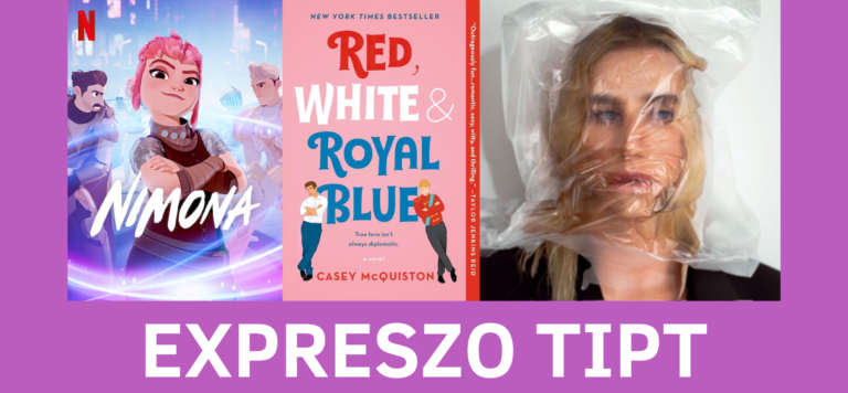 Coverfoto's van Nimona, Red White Royal Blue en Gag Order naast elkaar op een paarse achtergrond. Onderin de tekst 'Expreszo tipt'.
