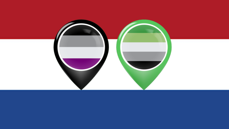 Een icoon van een kaart pin met de aromantische vlag en een icoon van een kaart pin met de aseksuele vlag met de Nederlandse vlag als achtergrond.